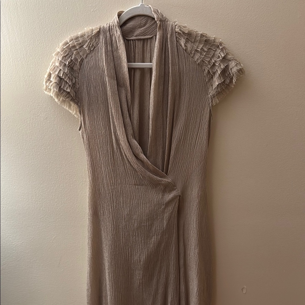 Tan Embellished silk Wrap Midi Dress with Cowl Neck